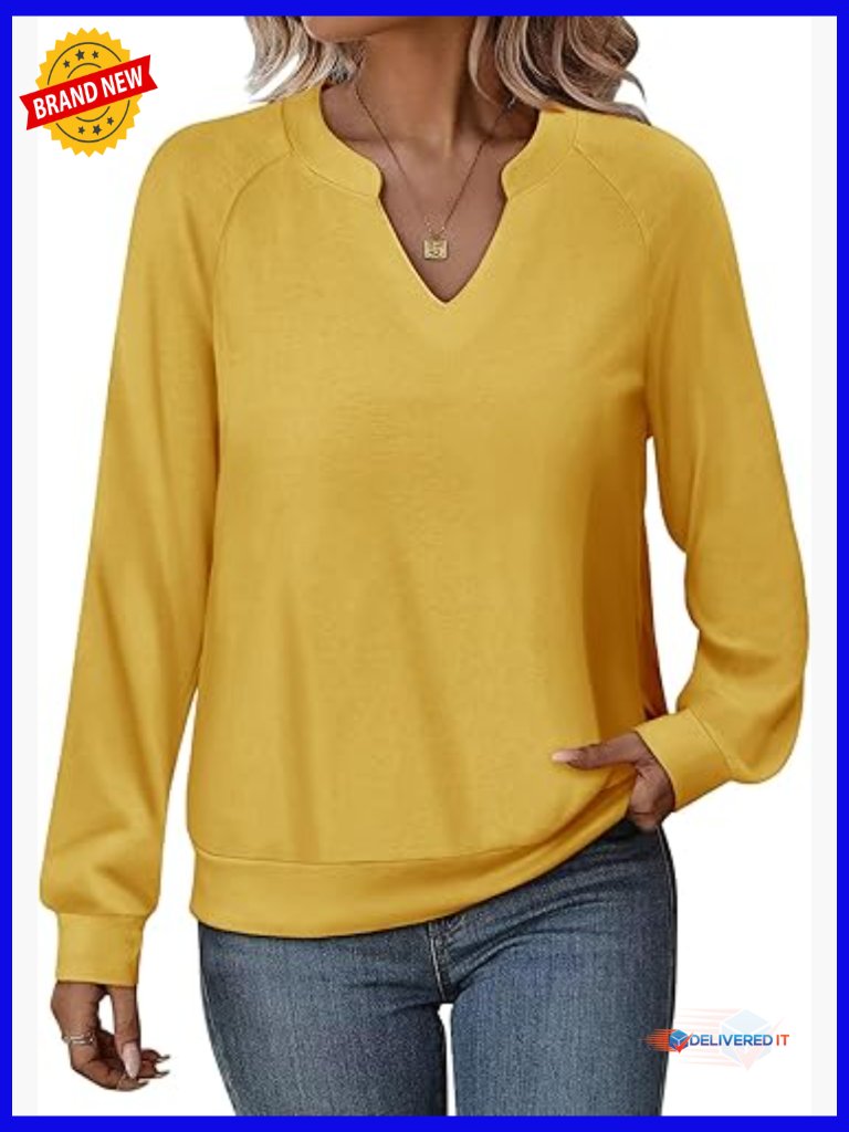 V Neck Long Sleeve Sweatshirt Tunic Pullover Loose Fit Lightweight Top